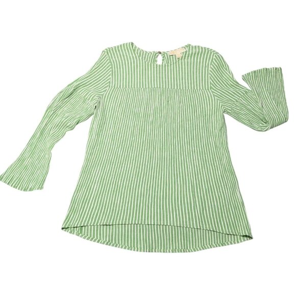 Michael Michael Kors Green & White Striped Long-Sleeve Blouse XL Cotton Blend Wo - Picture 1 of 10